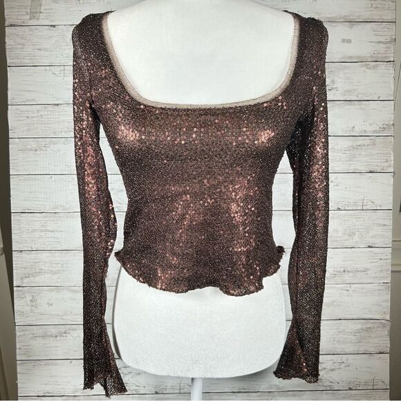 Free People Late Night Disco Glitter Sequin Layering Top Bronze Brown XS NEW - Picture 5 of 11